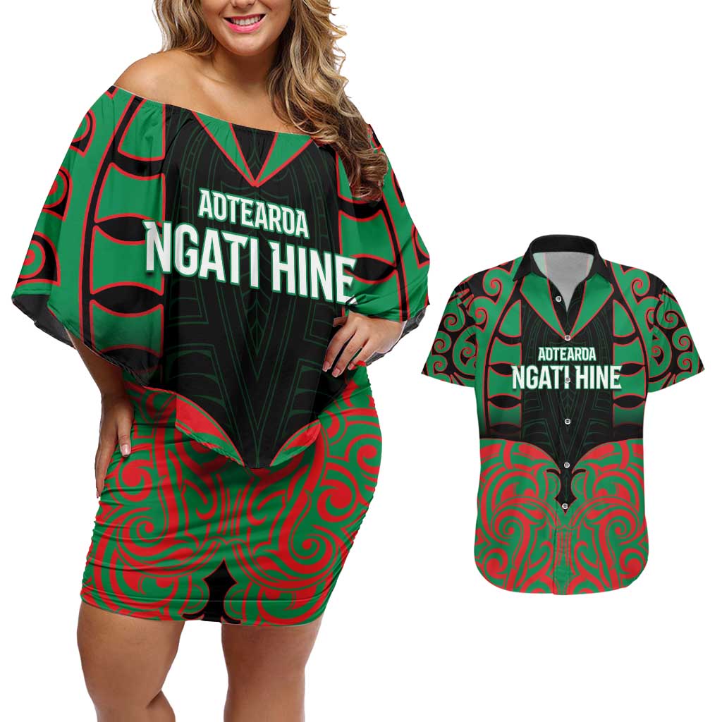 Custom Aotearoa Ngati Hine Couples Matching Off Shoulder Short Dress and Hawaiian Shirt Maori Pattern New Zealand DT05 Green - Polynesian Pride