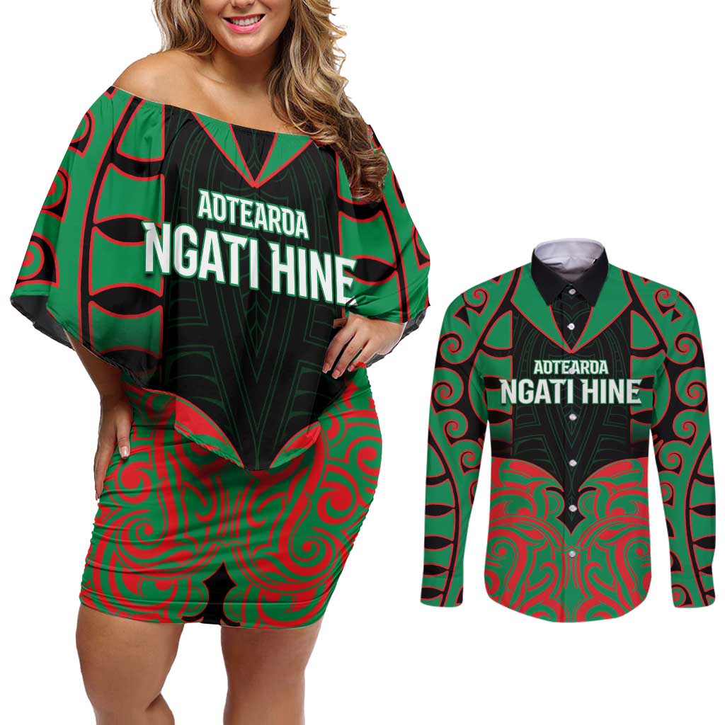 Custom Aotearoa Ngati Hine Couples Matching Off Shoulder Short Dress and Long Sleeve Button Shirt Maori Pattern New Zealand DT05 Green - Polynesian Pride