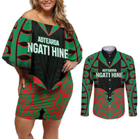 Custom Aotearoa Ngati Hine Couples Matching Off Shoulder Short Dress and Long Sleeve Button Shirt Maori Pattern New Zealand DT05 Green - Polynesian Pride