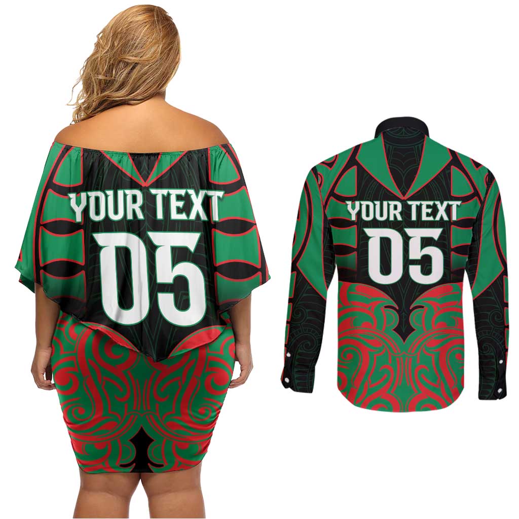 Custom Aotearoa Ngati Hine Couples Matching Off Shoulder Short Dress and Long Sleeve Button Shirt Maori Pattern New Zealand DT05 - Polynesian Pride