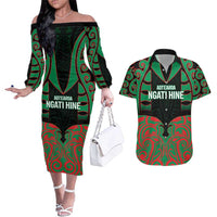 Custom Aotearoa Ngati Hine Couples Matching Off The Shoulder Long Sleeve Dress and Hawaiian Shirt Maori Pattern New Zealand DT05 Green - Polynesian Pride