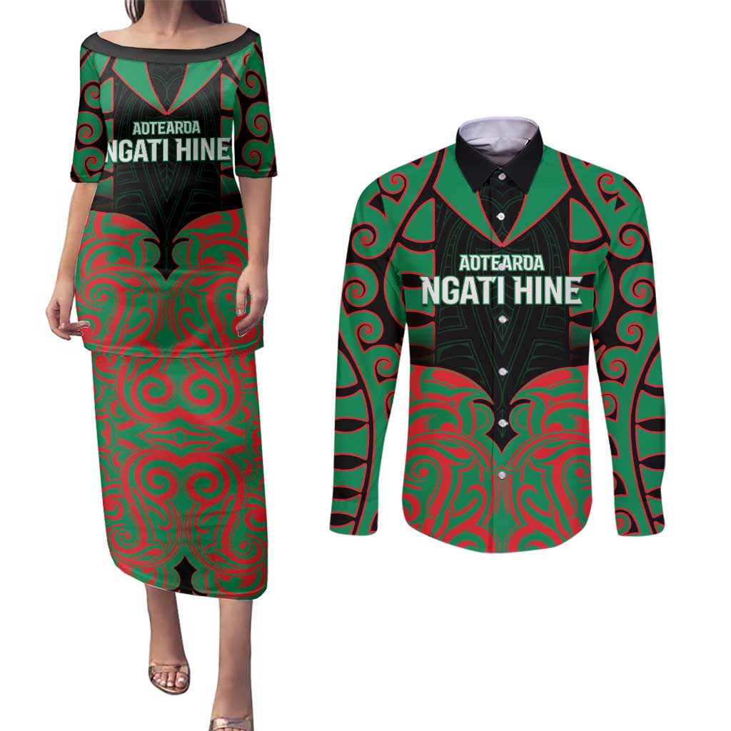 Custom Aotearoa Ngati Hine Couples Matching Puletasi and Long Sleeve Button Shirt Maori Pattern New Zealand - Polynesian Pride