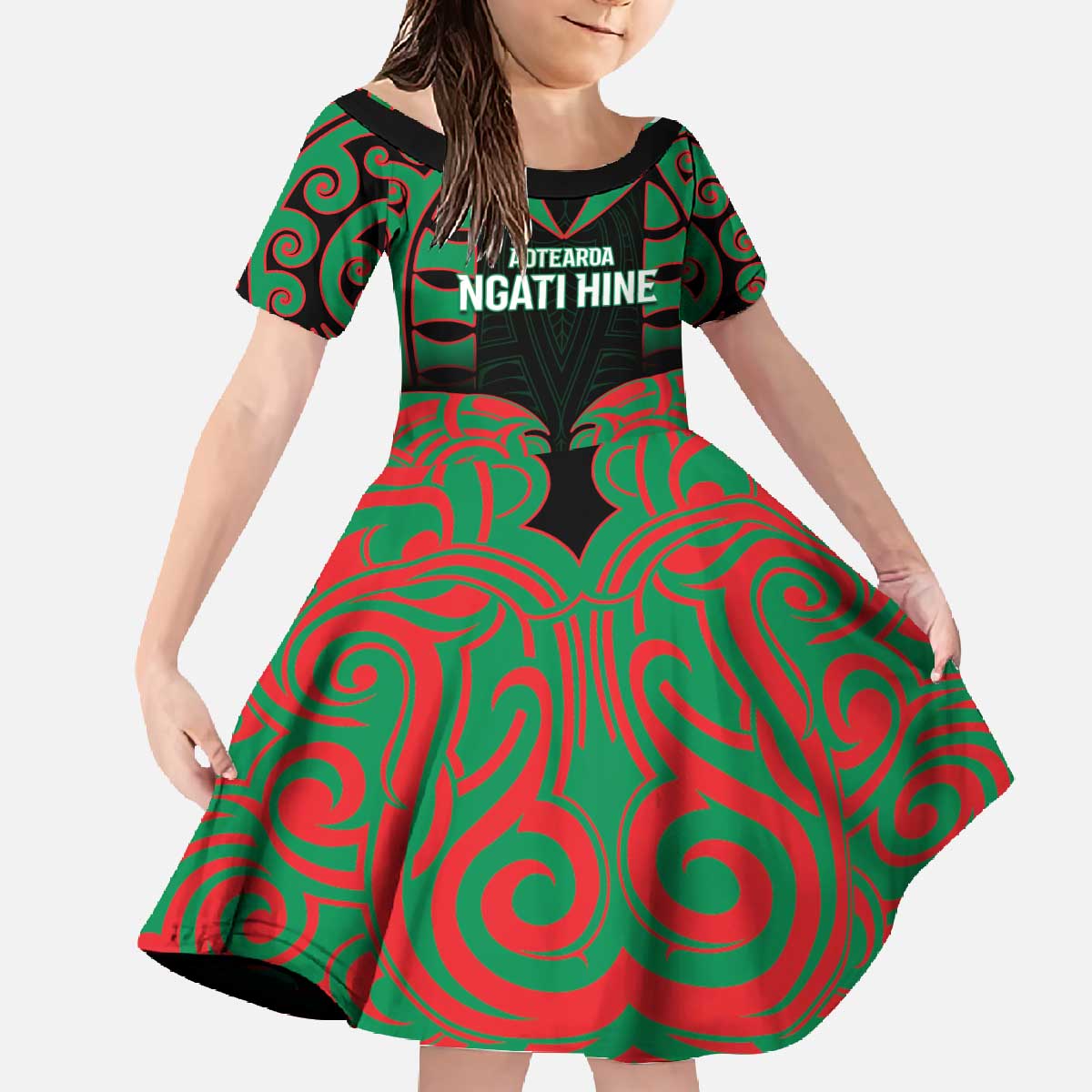 Custom Aotearoa Ngati Hine Family Matching Off The Shoulder Long Sleeve Dress and Hawaiian Shirt Maori Pattern New Zealand - Polynesian Pride