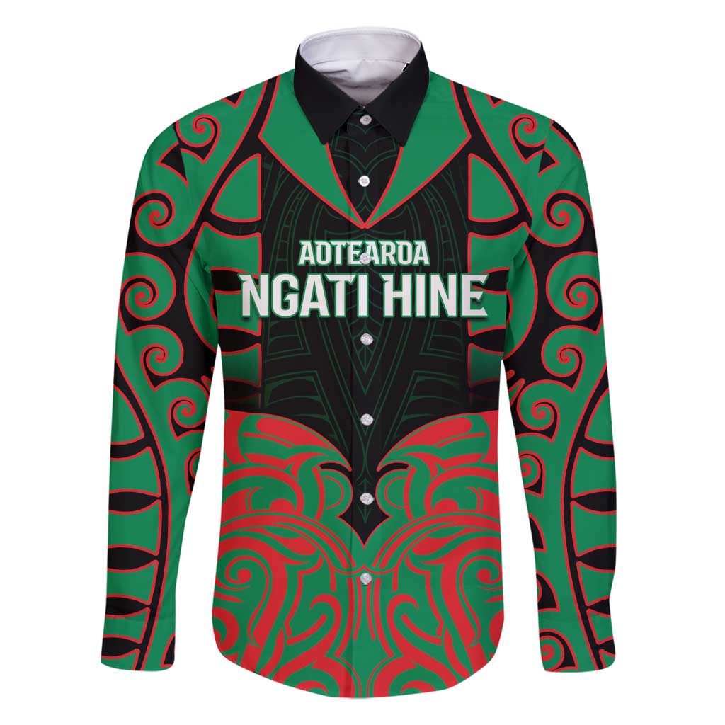 Custom Aotearoa Ngati Hine Family Matching Off Shoulder Maxi Dress and Hawaiian Shirt Maori Pattern New Zealand DT05 Dad's Shirt - Long Sleeve Green - Polynesian Pride