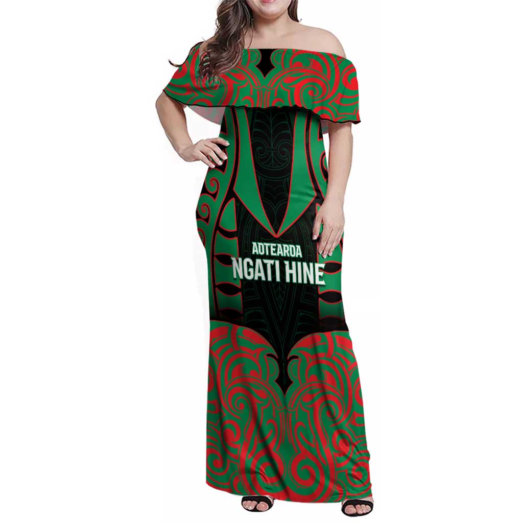 Custom Aotearoa Ngati Hine Family Matching Off Shoulder Maxi Dress and Hawaiian Shirt Maori Pattern New Zealand DT05 Mom's Dress Green - Polynesian Pride