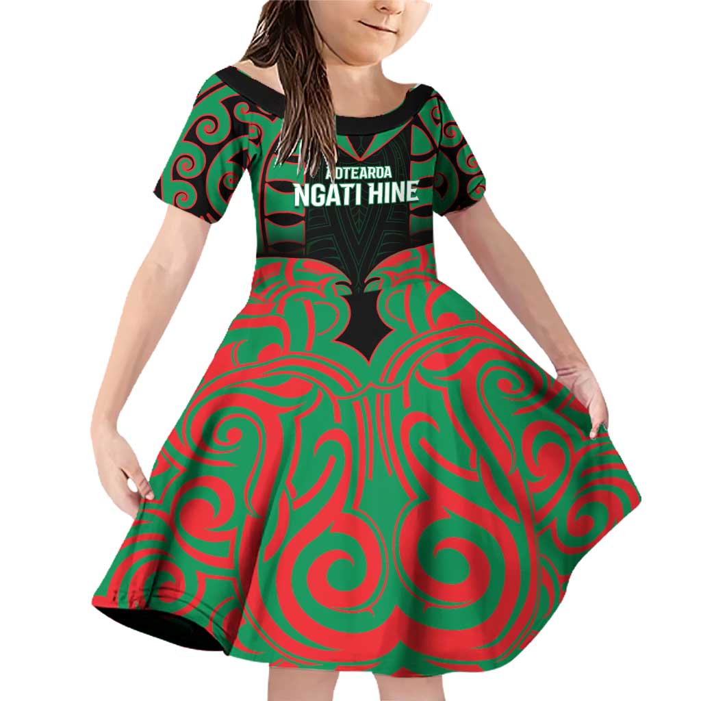 Custom Aotearoa Ngati Hine Family Matching Off Shoulder Short Dress and Hawaiian Shirt Maori Pattern New Zealand DT05 Daughter's Dress Green - Polynesian Pride
