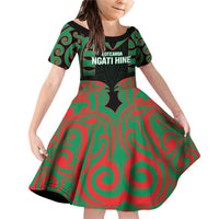 Custom Aotearoa Ngati Hine Family Matching Off Shoulder Short Dress and Hawaiian Shirt Maori Pattern New Zealand DT05 Daughter's Dress Green - Polynesian Pride