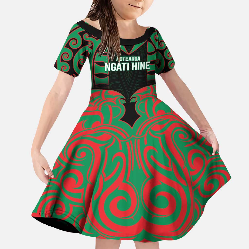 Custom Aotearoa Ngati Hine Family Matching Summer Maxi Dress and Hawaiian Shirt Maori Pattern New Zealand DT05 Daughter's Dress Green - Polynesian Pride