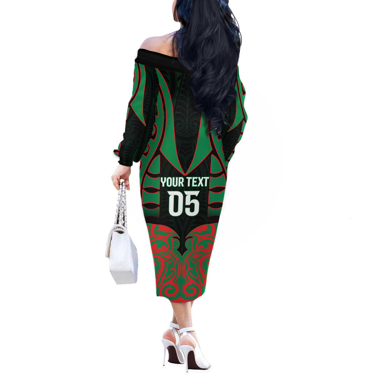 Custom Aotearoa Ngati Hine Off The Shoulder Long Sleeve Dress Maori Pattern New Zealand - Polynesian Pride