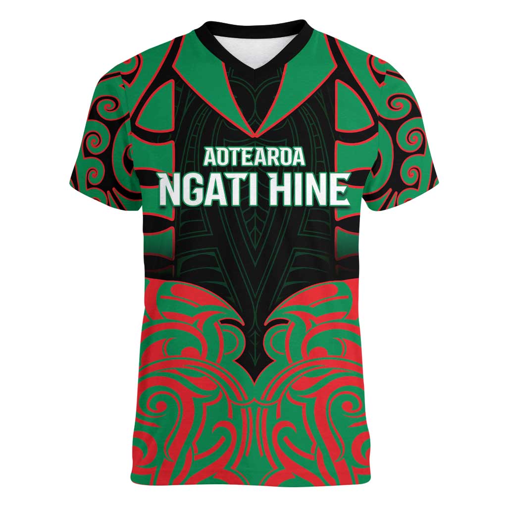 Custom Aotearoa Ngati Hine Women V-Neck T-Shirt Maori Pattern New Zealand DT05 Female Green - Polynesian Pride