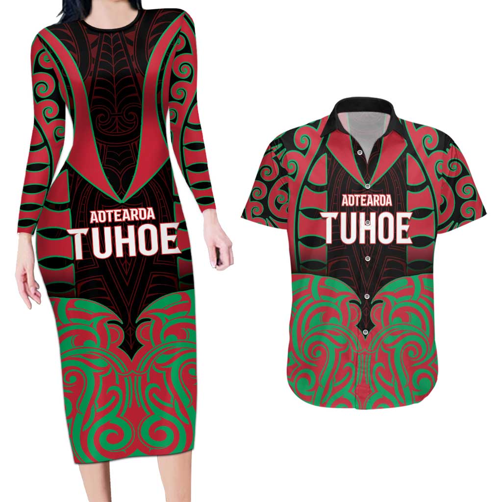 Custom Aotearoa Tuhoe Couples Matching Long Sleeve Bodycon Dress and Hawaiian Shirt Maori Pattern New Zealand - Polynesian Pride