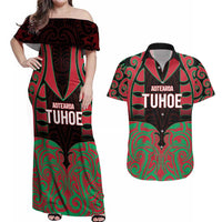 Custom Aotearoa Tuhoe Couples Matching Off Shoulder Maxi Dress and Hawaiian Shirt Maori Pattern New Zealand DT05 Red - Polynesian Pride