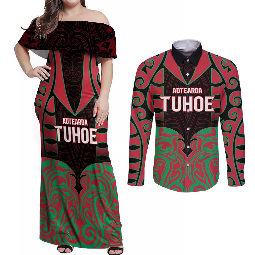 Custom Aotearoa Tuhoe Couples Matching Off Shoulder Maxi Dress and Long Sleeve Button Shirt Maori Pattern New Zealand - Polynesian Pride