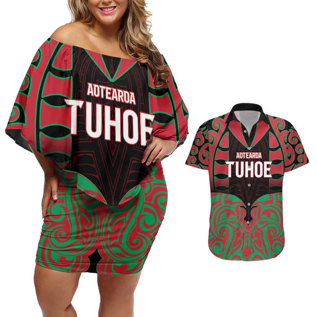 Custom Aotearoa Tuhoe Couples Matching Off Shoulder Short Dress and Hawaiian Shirt Maori Pattern New Zealand DT05 Red - Polynesian Pride