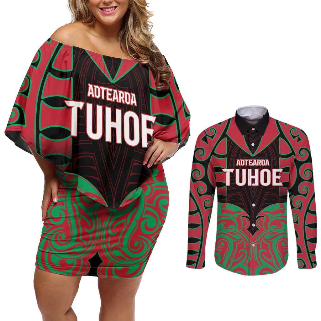 Custom Aotearoa Tuhoe Couples Matching Off Shoulder Short Dress and Long Sleeve Button Shirt Maori Pattern New Zealand - Polynesian Pride