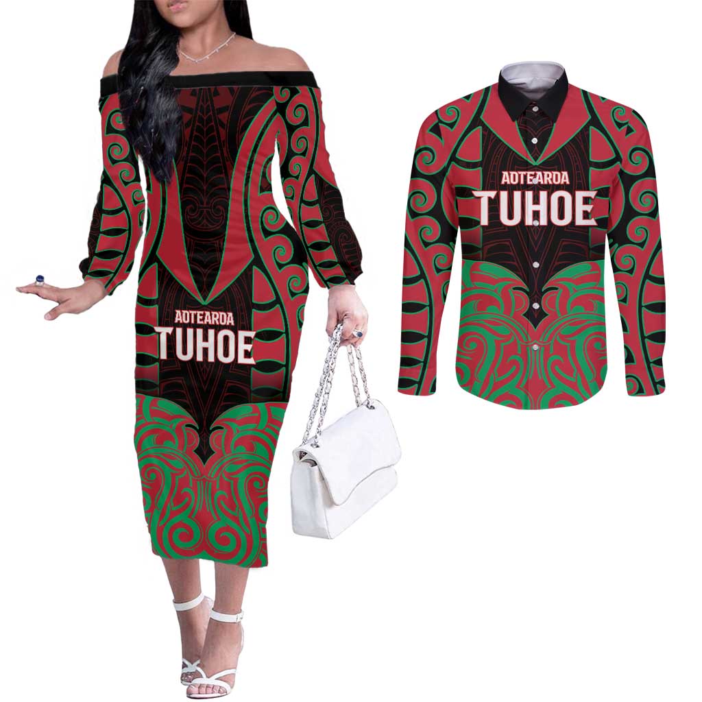 Custom Aotearoa Tuhoe Couples Matching Off The Shoulder Long Sleeve Dress and Long Sleeve Button Shirt Maori Pattern New Zealand - Polynesian Pride