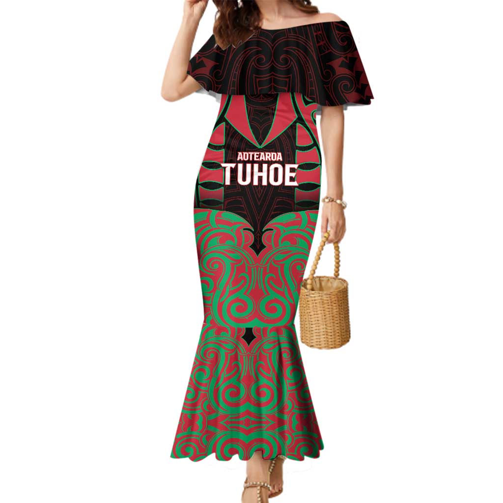 Custom Aotearoa Tuhoe Family Matching Mermaid Dress and Hawaiian Shirt Maori Pattern New Zealand DT05 Mom's Dress Red - Polynesian Pride