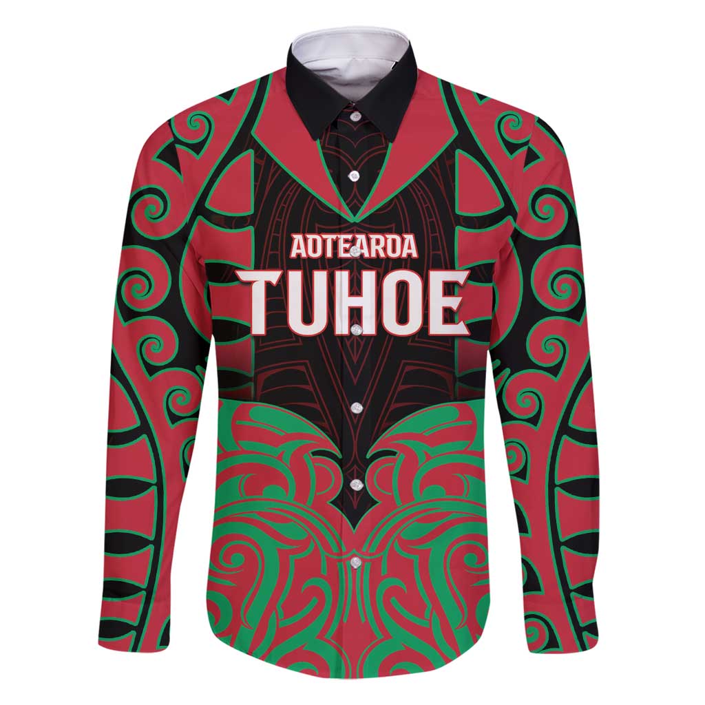 Custom Aotearoa Tuhoe Family Matching Off Shoulder Maxi Dress and Hawaiian Shirt Maori Pattern New Zealand DT05 Dad's Shirt - Long Sleeve Red - Polynesian Pride