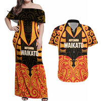 Custom Aotearoa Waikato Couples Matching Off Shoulder Maxi Dress and Hawaiian Shirt Maori Pattern New Zealand DT05 Orange - Polynesian Pride