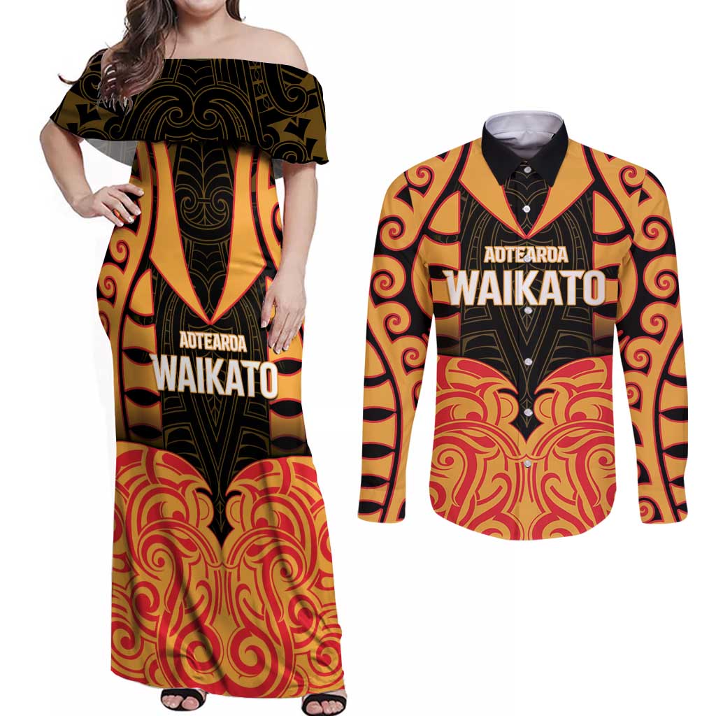 Custom Aotearoa Waikato Couples Matching Off Shoulder Maxi Dress and Long Sleeve Button Shirt Maori Pattern New Zealand DT05 Orange - Polynesian Pride