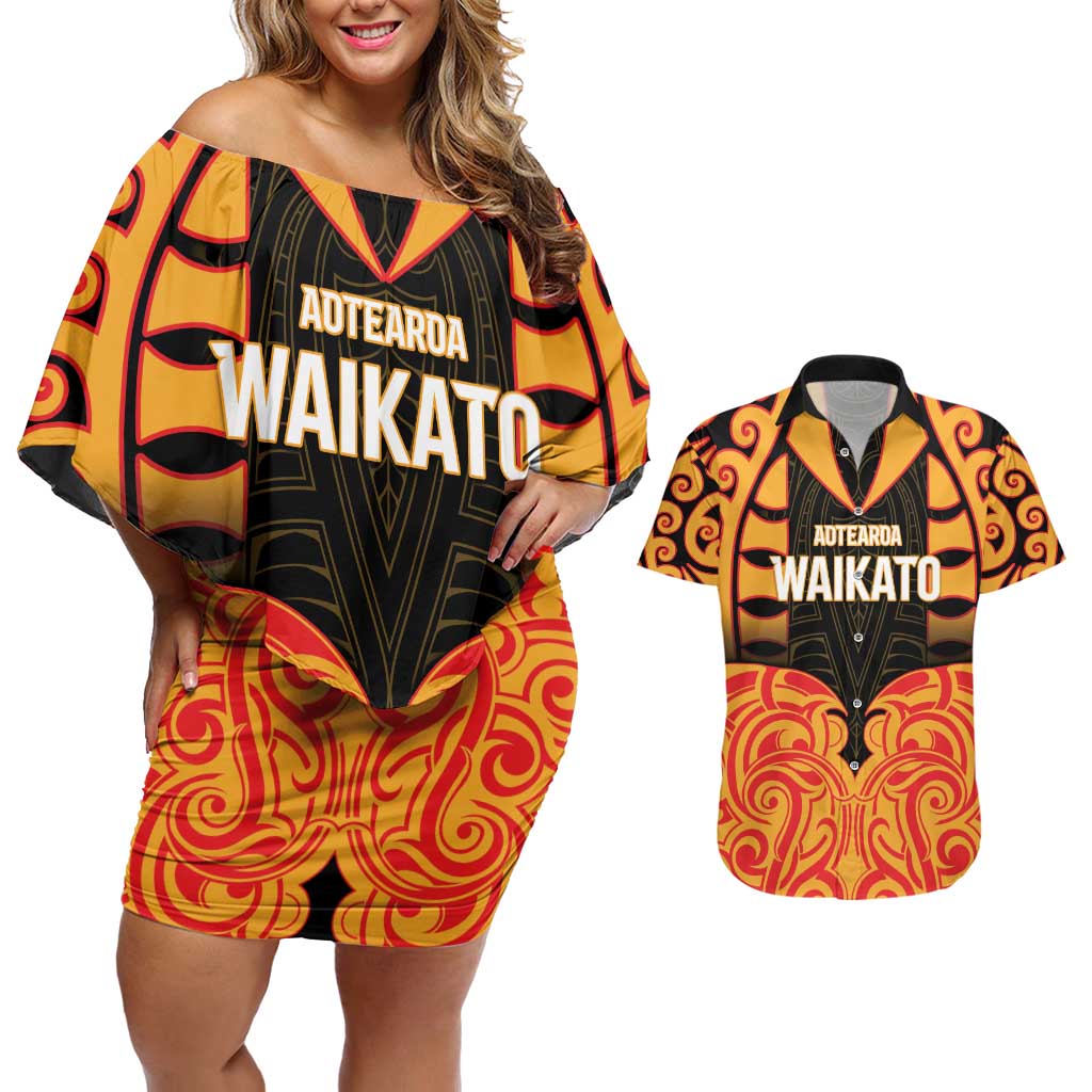 Custom Aotearoa Waikato Couples Matching Off Shoulder Short Dress and Hawaiian Shirt Maori Pattern New Zealand DT05 Orange - Polynesian Pride