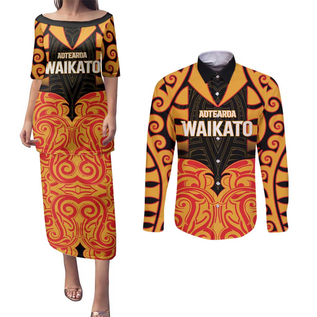 Custom Aotearoa Waikato Couples Matching Puletasi and Long Sleeve Button Shirt Maori Pattern New Zealand - Polynesian Pride