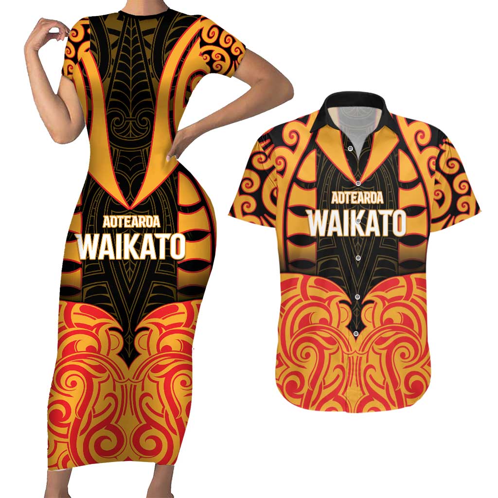 Custom Aotearoa Waikato Couples Matching Short Sleeve Bodycon Dress and Hawaiian Shirt Maori Pattern New Zealand - Polynesian Pride