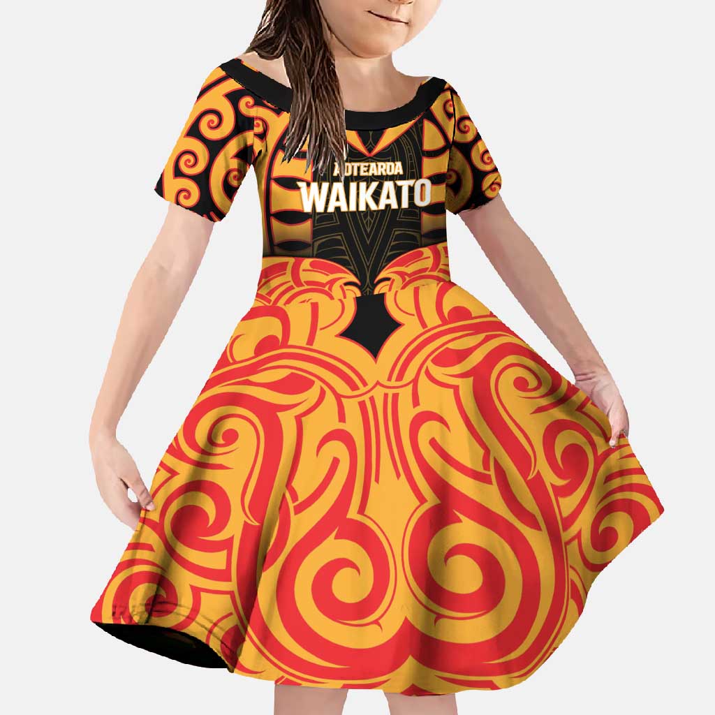 Custom Aotearoa Waikato Family Matching Mermaid Dress and Hawaiian Shirt Maori Pattern New Zealand DT05 Daughter's Dress Orange - Polynesian Pride