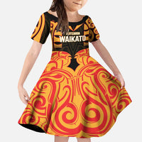 Custom Aotearoa Waikato Family Matching Off Shoulder Maxi Dress and Hawaiian Shirt Maori Pattern New Zealand DT05 Daughter's Dress Orange - Polynesian Pride
