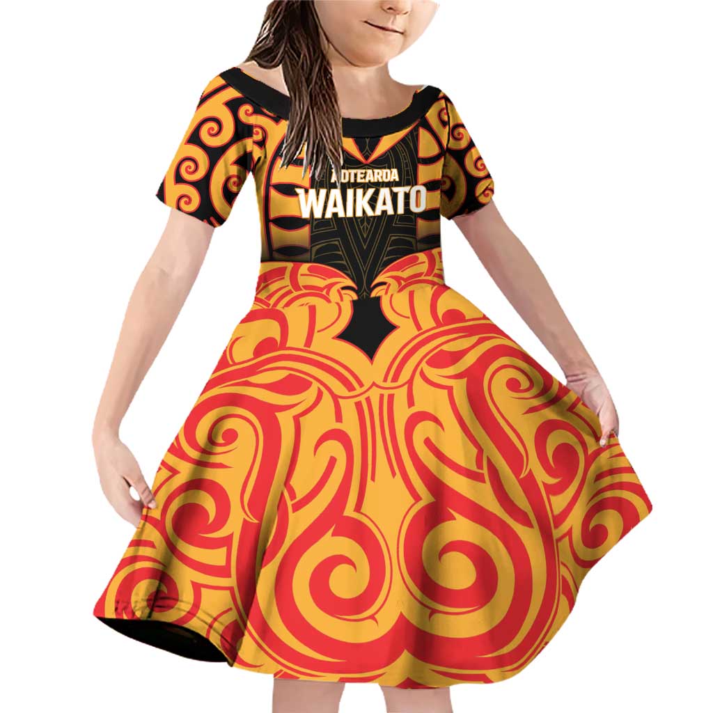 Custom Aotearoa Waikato Family Matching Off Shoulder Short Dress and Hawaiian Shirt Maori Pattern New Zealand DT05 Daughter's Dress Orange - Polynesian Pride