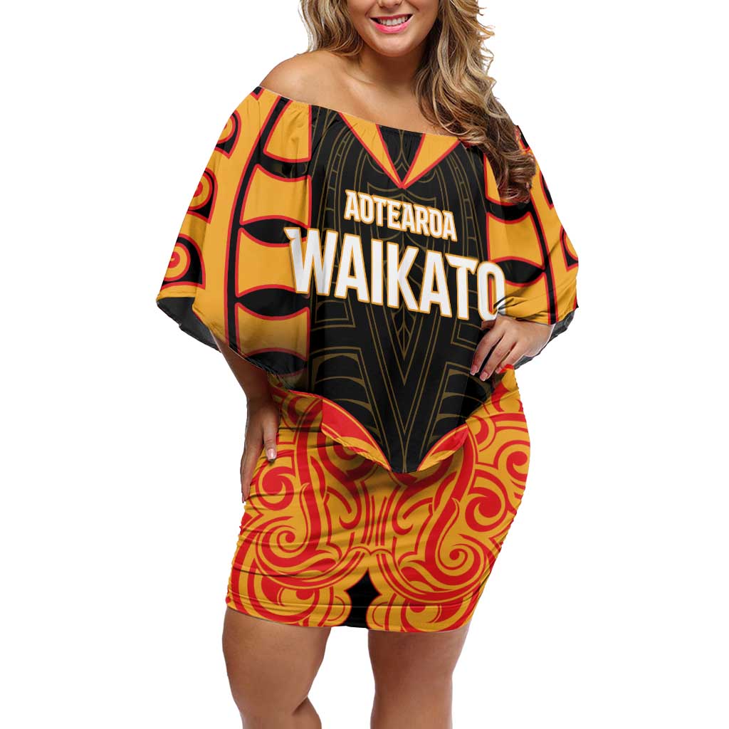 Custom Aotearoa Waikato Family Matching Off Shoulder Short Dress and Hawaiian Shirt Maori Pattern New Zealand DT05 Mom's Dress Orange - Polynesian Pride