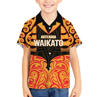 Custom Aotearoa Waikato Family Matching Off Shoulder Short Dress and Hawaiian Shirt Maori Pattern New Zealand DT05 Son's Shirt Orange - Polynesian Pride