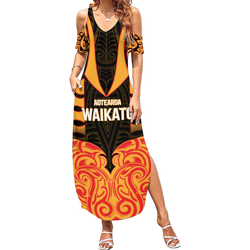 Custom Aotearoa Waikato Family Matching Summer Maxi Dress and Hawaiian Shirt Maori Pattern New Zealand DT05 Mom's Dress Orange - Polynesian Pride