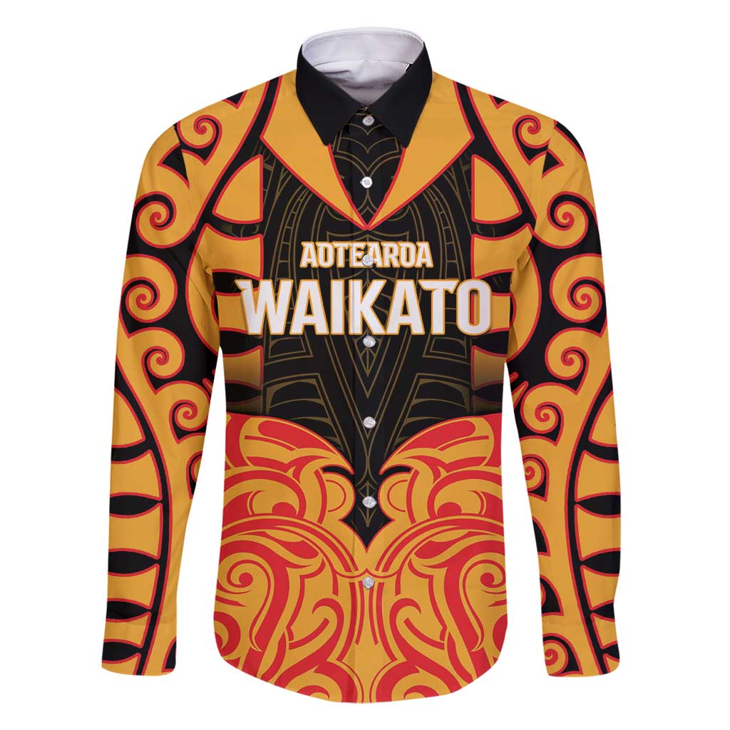 Custom Aotearoa Waikato Family Matching Tank Maxi Dress and Hawaiian Shirt Maori Pattern New Zealand DT05 Dad's Shirt - Long Sleeve Orange - Polynesian Pride