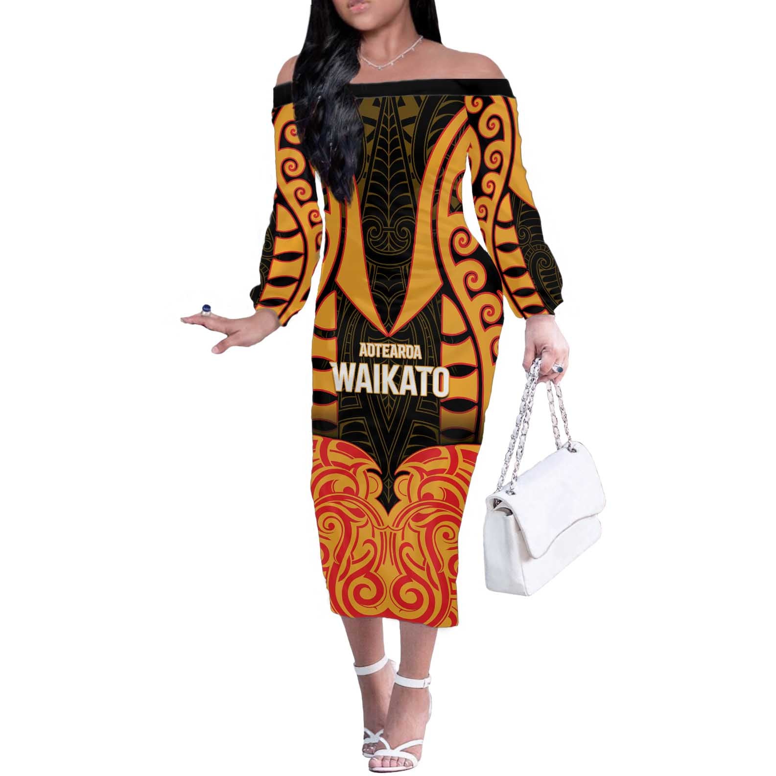 Custom Aotearoa Waikato Off The Shoulder Long Sleeve Dress Maori Pattern New Zealand - Polynesian Pride