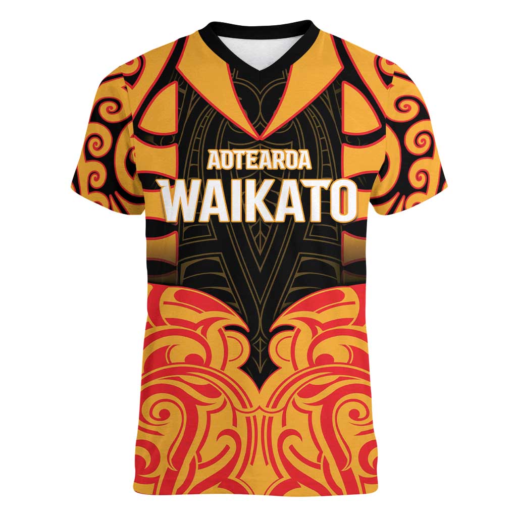 Custom Aotearoa Waikato Women V-Neck T-Shirt Maori Pattern New Zealand DT05 Female Orange - Polynesian Pride