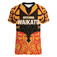 Custom Aotearoa Waikato Women V-Neck T-Shirt Maori Pattern New Zealand DT05 Female Orange - Polynesian Pride