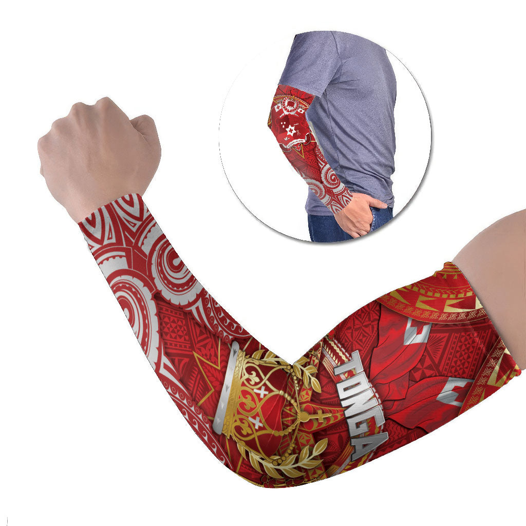 Tonga King's Birthday Arm Sleeves Gold Royal Crown Tribal Patterns DT05 Set of 2 Red - Polynesian Pride