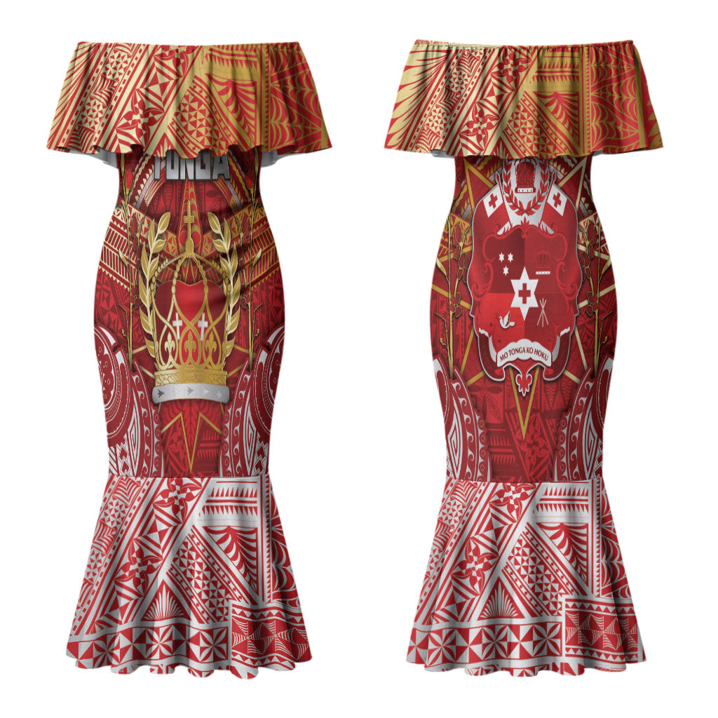 Tonga King's Birthday Couples Matching Mermaid Dress and Long Sleeve Button Shirt Gold Royal Crown Tribal Patterns DT05 - Polynesian Pride