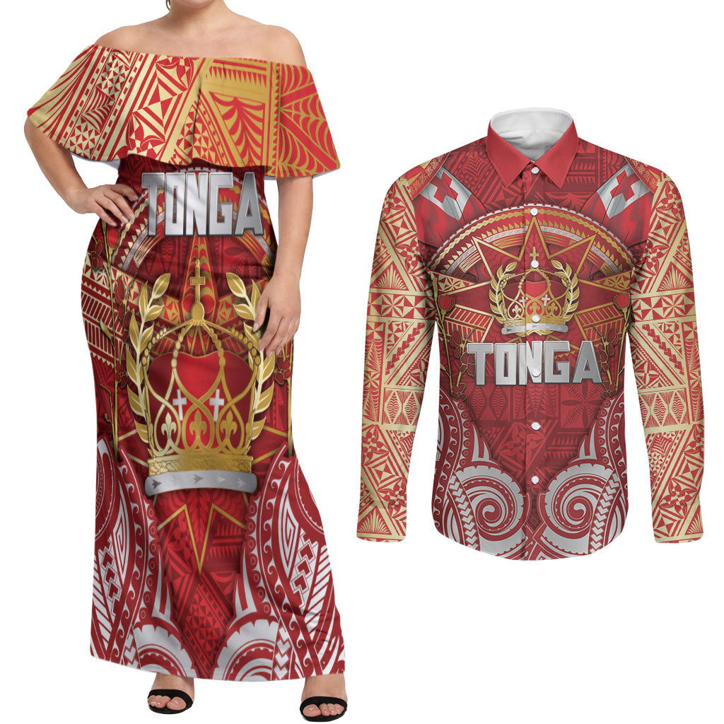 Tonga King's Birthday Couples Matching Off Shoulder Maxi Dress and Long Sleeve Button Shirt Gold Royal Crown Tribal Patterns DT05 Red - Polynesian Pride