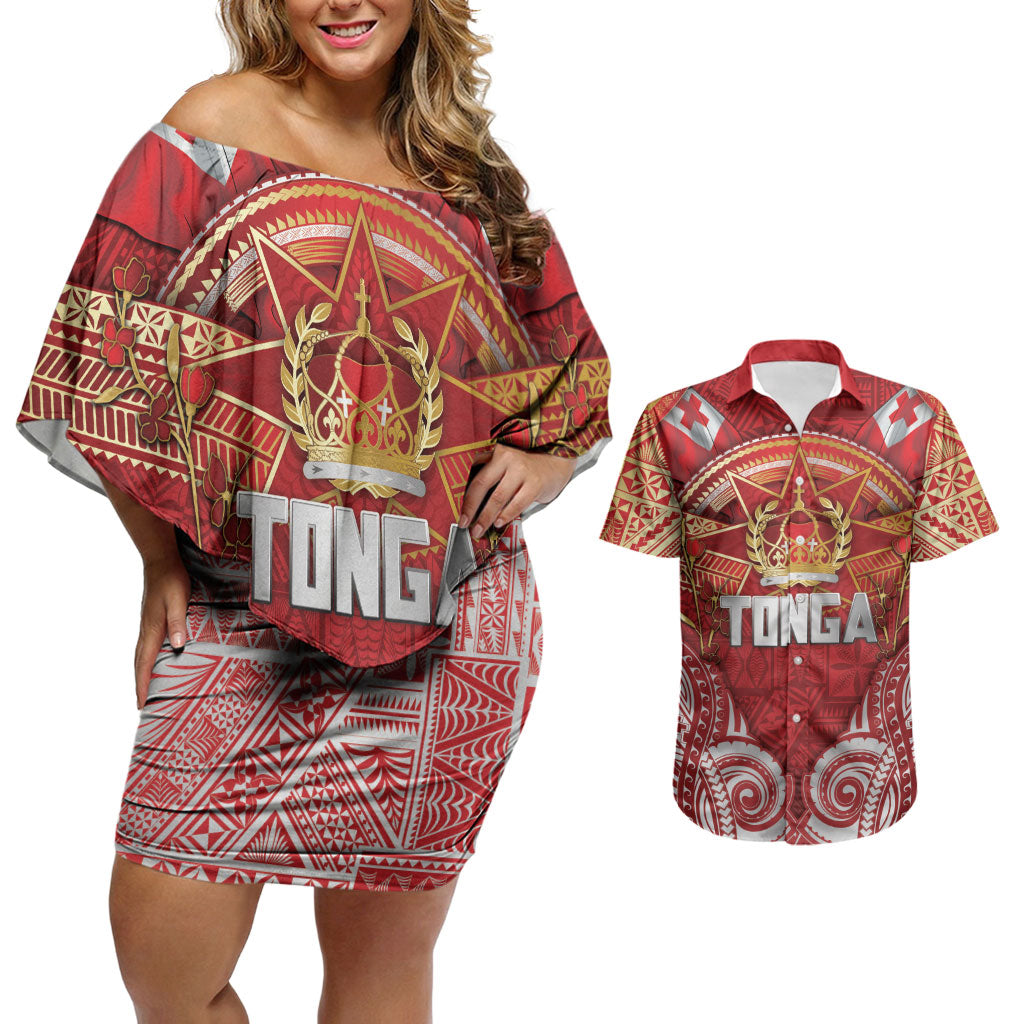 Tonga King's Birthday Couples Matching Off Shoulder Short Dress and Hawaiian Shirt Gold Royal Crown Tribal Patterns DT05 Red - Polynesian Pride
