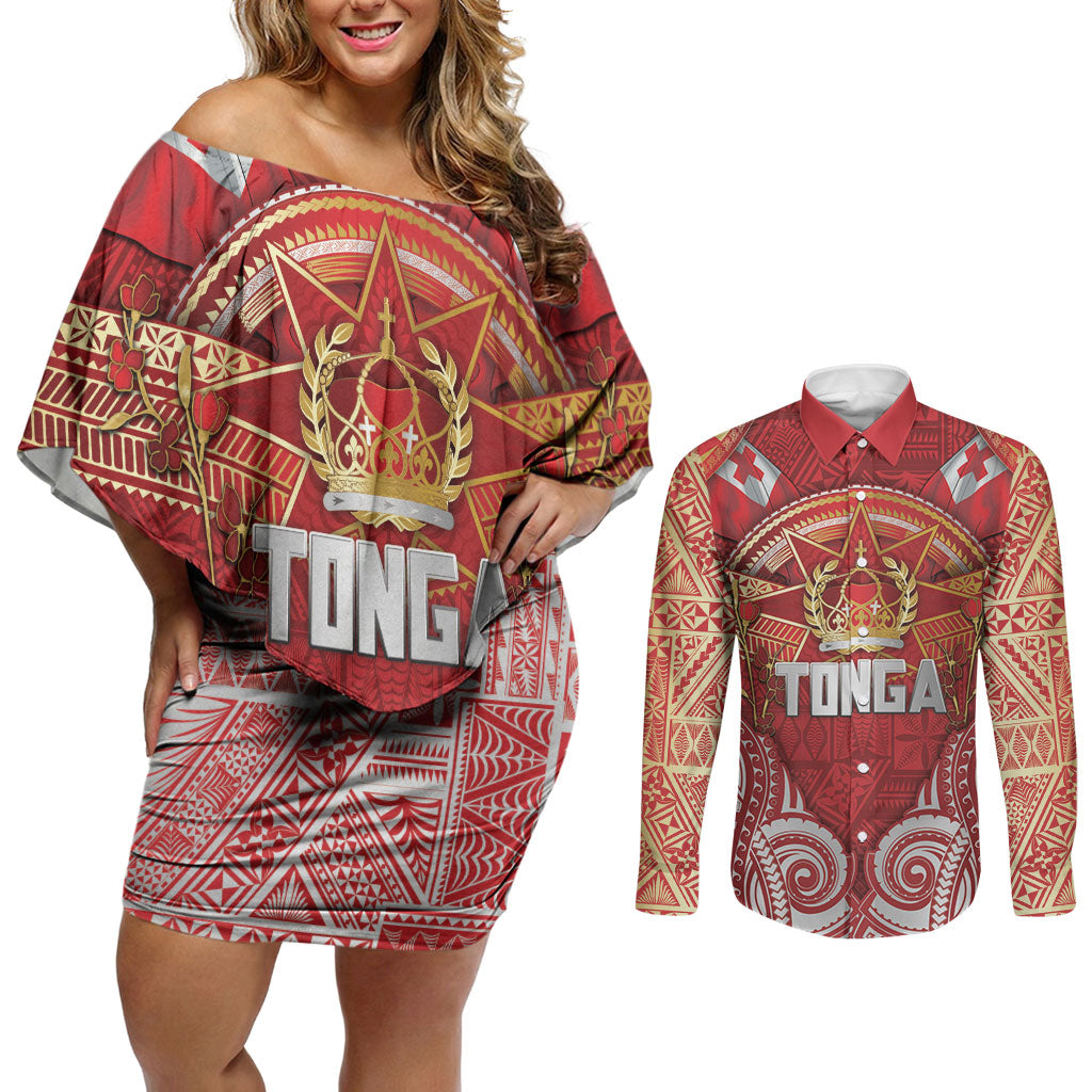 Tonga King's Birthday Couples Matching Off Shoulder Short Dress and Long Sleeve Button Shirt Gold Royal Crown Tribal Patterns DT05 Red - Polynesian Pride