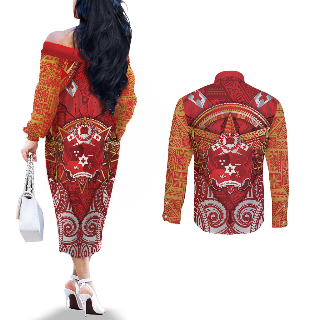 Tonga King's Birthday Couples Matching Off The Shoulder Long Sleeve Dress and Long Sleeve Button Shirt Gold Royal Crown Tribal Patterns