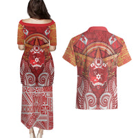 Tonga King's Birthday Couples Matching Puletasi and Hawaiian Shirt Gold Royal Crown Tribal Patterns