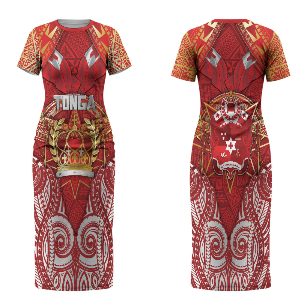 Tonga King's Birthday Couples Matching Short Sleeve Bodycon Dress and Long Sleeve Button Shirt Gold Royal Crown Tribal Patterns DT05 - Polynesian Pride