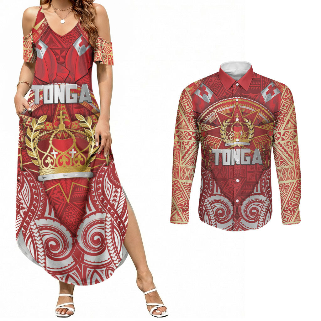 Tonga King's Birthday Couples Matching Summer Maxi Dress and Long Sleeve Button Shirt Gold Royal Crown Tribal Patterns DT05 Red - Polynesian Pride