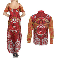 Tonga King's Birthday Couples Matching Summer Maxi Dress and Long Sleeve Button Shirt Gold Royal Crown Tribal Patterns DT05 - Polynesian Pride