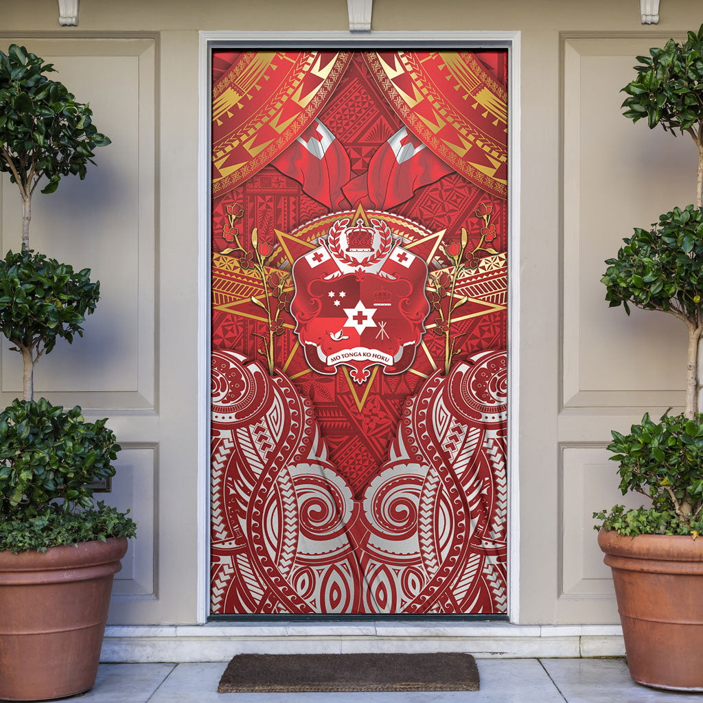 Tonga King's Birthday Door Cover Gold Royal Crown Tribal Patterns DT05 Red - Polynesian Pride