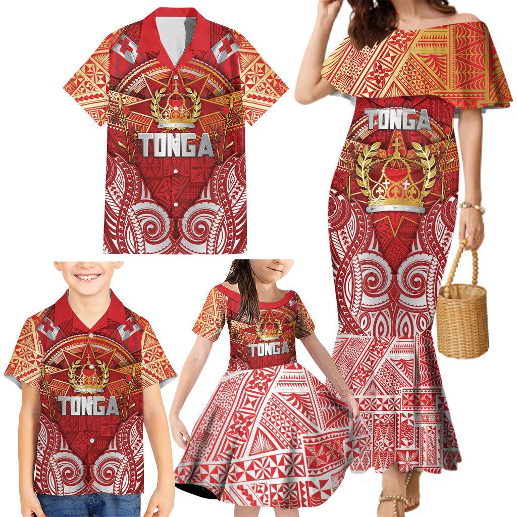 Tonga King's Birthday Family Matching Mermaid Dress and Hawaiian Shirt Gold Royal Crown Tribal Patterns DT05 - Polynesian Pride