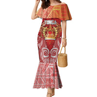 Tonga King's Birthday Family Matching Mermaid Dress and Hawaiian Shirt Gold Royal Crown Tribal Patterns DT05 Mom's Dress Red - Polynesian Pride